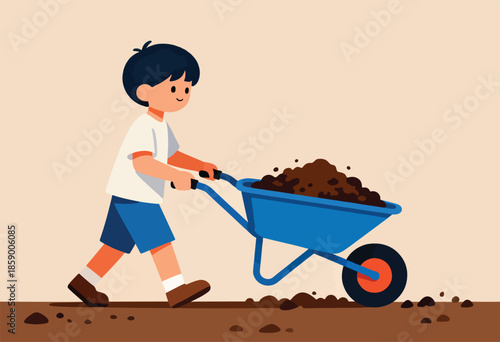 A boy pushing a wheelbarrow full of dirt