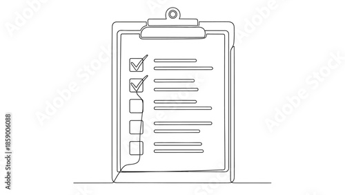 A minimalist line drawing of a clipboard with a checklist and lines of text.