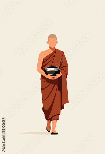 A saffron-robed figure walks, holding a black begging bowl