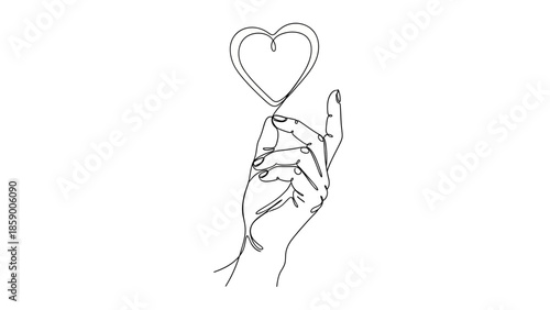 A minimalist line art drawing of a hand holding a heart shape with a single continuous line.