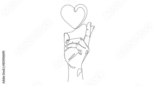 A minimalist line drawing of a hand holding a heart shape above it.