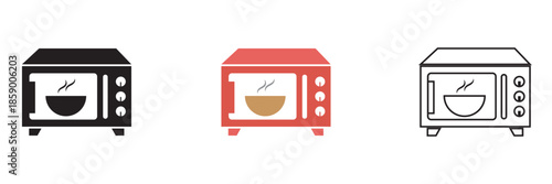 Microwave icon. Minimal vector illustration showing three toaster icons in different styles, suitable for kitchen appliance concepts, UI design, and household graphics.
