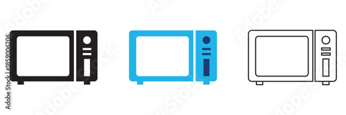 Microwave icon. Minimal vector illustration showing three toaster icons in different styles, suitable for kitchen appliance concepts, UI design, and household graphics.
