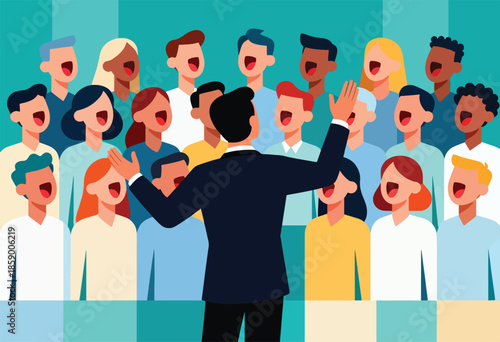 Diverse choir members sing joyfully under conductor's direction