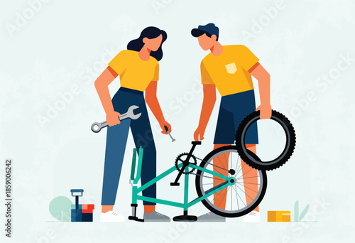 Two people fixing a bicycle with tools (2)