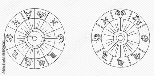 Two detailed astrological zodiac wheel diagrams with celestial symbols and sun in the center.