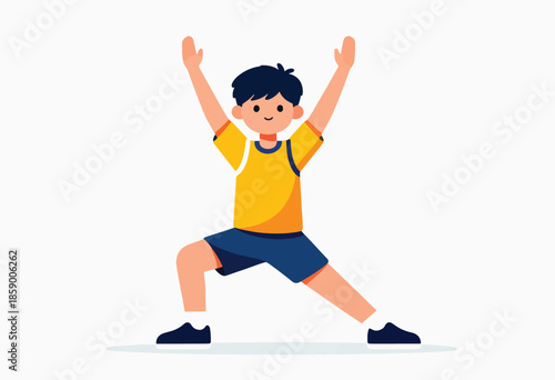 Young boy in athletic wear performing a dynamic exercise pose