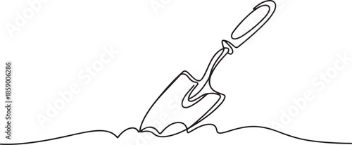 Black and white line art of a small shovel in the ground, representing gardening, planting, or horticulture.