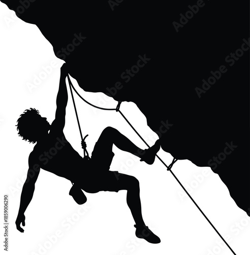 Rock climber silhouette descending steep cliff with rope, extreme outdoor adventure sport isolated on white background illustration vector concept