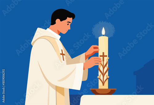 Cleric in white robe tends to a large lit candle with a cross