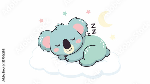 A cartoon koala peacefully sleeping on a cloud under a serene night sky
