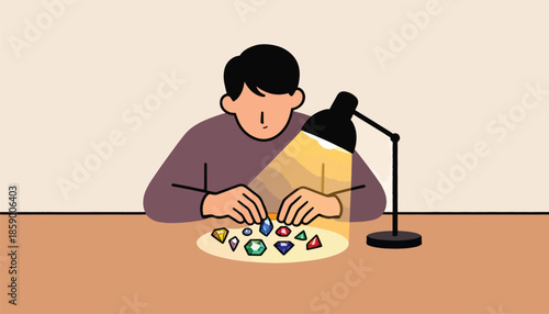 Person examining colorful gemstones under a desk lamp