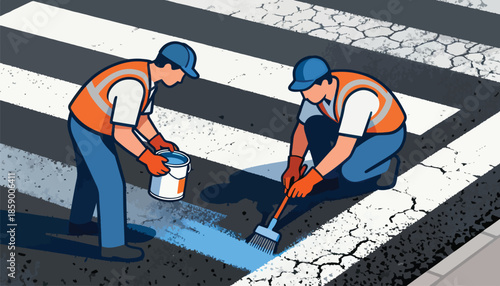 Workers painting a crosswalk, adding a fresh blue stripe to worn white lines