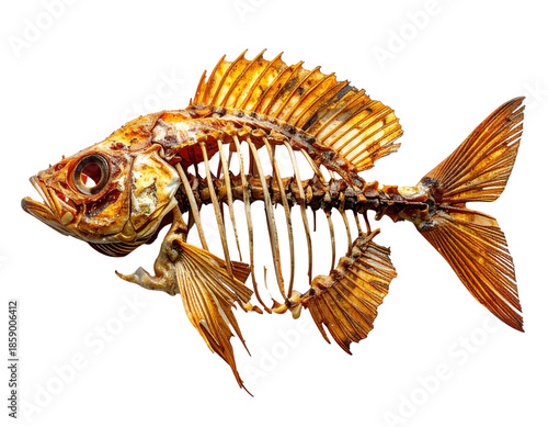 A complete, golden-hued fish skeleton. The intricate bone structure of its skull, spine, ribs, and fins are clearly visible.