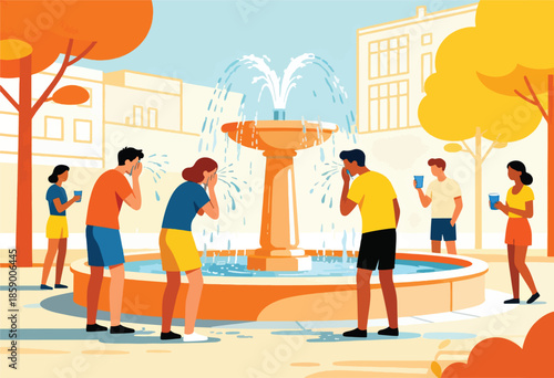 People cool off at a public fountain on a hot, sunny day