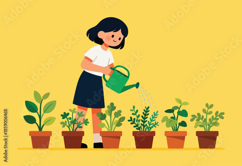 Cartoon girl watering potted plants