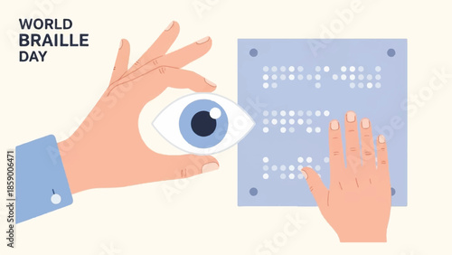 A person reading Braille with their hand on a blue page with raised dots, promoting World Braille Day awareness