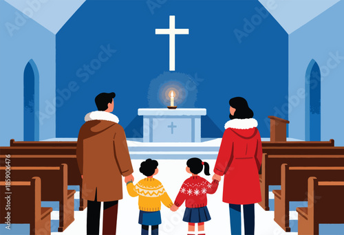 Family in church, holding hands before the altar with a candle and cross