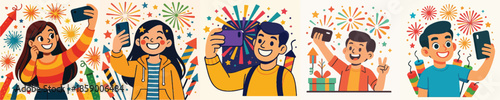 Happy New Year Selfie Flat Cartoon Illustration