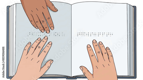 Hands reading a braille book with fingers on the pages