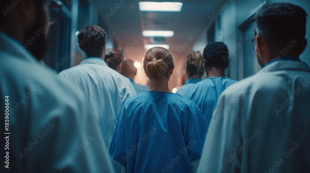 Obraz premium Healthcare Professionals Walking in a Hospital Corridor Together