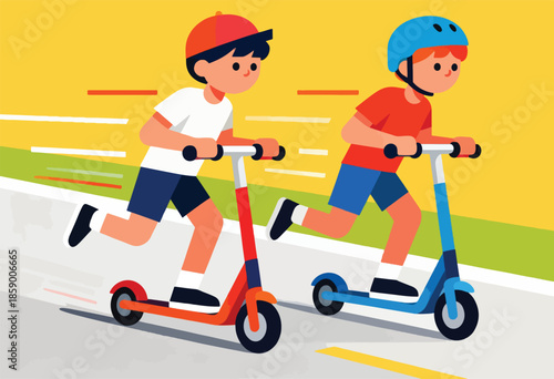 Two boys on scooters, one wearing a red hat, the other a blue helmet, racing