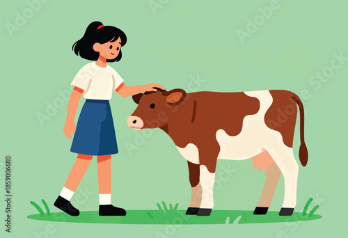 A gentle interaction between a young girl and a spotted cow in a grassy field