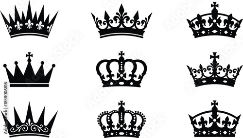 Royal crown silhouettes set featuring ornate king and queen crowns, vintage heraldic symbols, isolated black vector illustration collection design elements