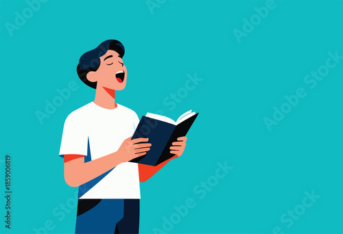 Person reading a book aloud with mouth open on blue background