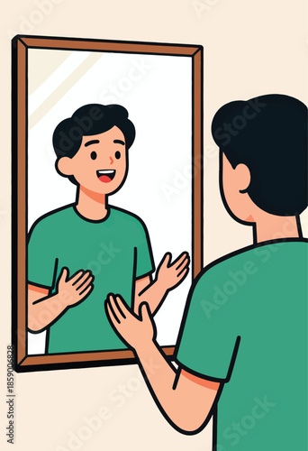 Person looking at their smiling reflection in a framed mirror