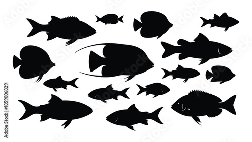 A collection of black silhouette fish shapes swimming together in a marine environment