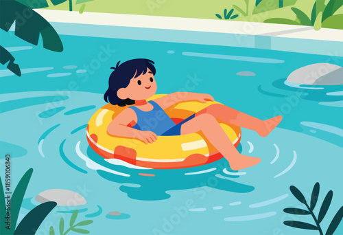 A child floats on an inflatable ring in a pool surrounded by greenery