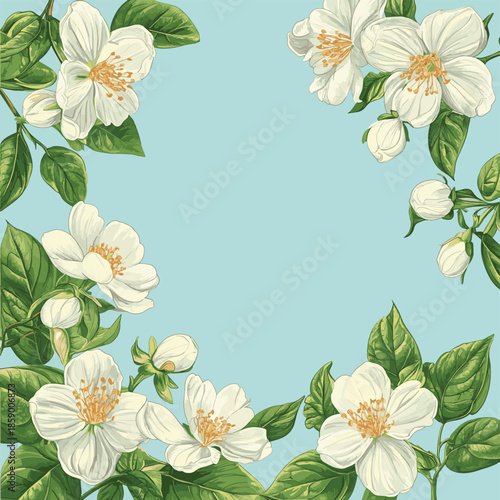 Frame spring blue background with blossoms jasmine  and  dewdrops vintage  vector botanical illustration  editable hand draw , vector style simple color