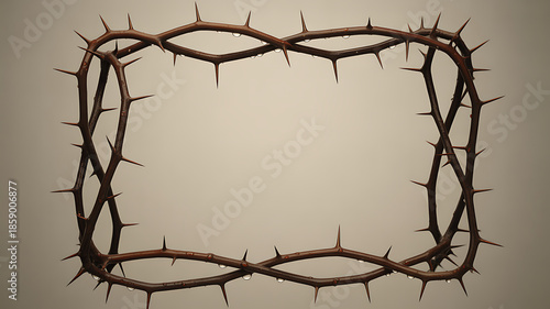 A rectangular frame made from thorny branches with small water droplets against a simple light background