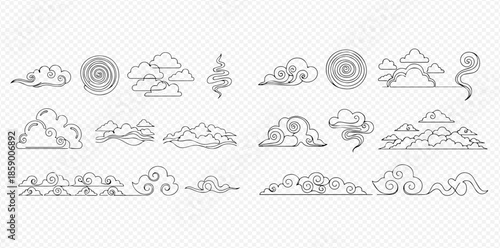 Set of hand drawn clouds in various styles, including Chinese and Japanese traditional design elements, isolated on transparent background.