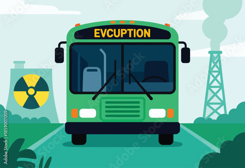 Green bus approaches a nuclear power plant and smokestack