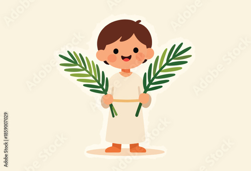 A joyful child in robes holds palm fronds, celebrating
