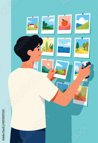 Person pinning colorful landscape photos onto a wall