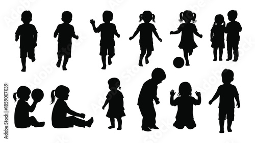 A collection of black silhouette figures depicting children in various playful activities