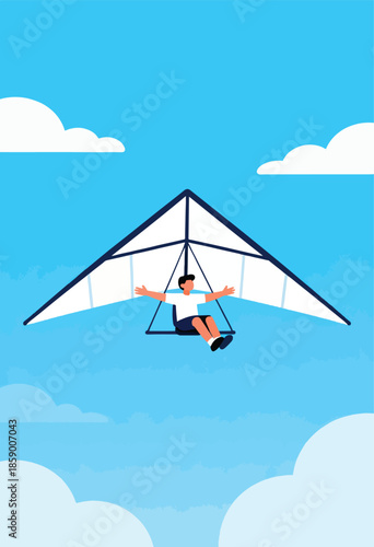 Person with arms outstretched enjoys a hang-gliding flight through a blue sky with clouds