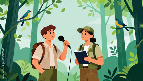 Two people documenting flora and fauna in a lush, green forest