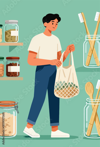 A person with a reusable bag walks by shelves of food and toiletries