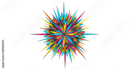 Vibrant abstract explosion of colorful ink splatters and brush strokes radiating outwards on a white background.