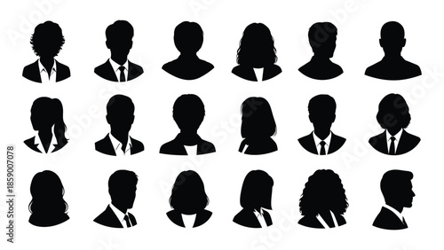 A collection of diverse silhouettes representing people showcasing various hairstyles and attire