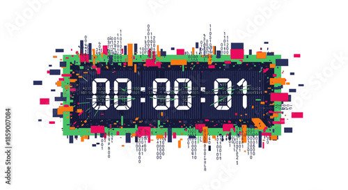 Digital countdown timer displays 00:00:01 with abstract cityscape explosion on white background