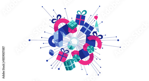 A vibrant explosion of colorful gift boxes and festive ribbons creates a celebratory abstract design with radiating lines on white.