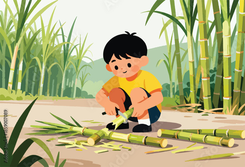 A young boy kneels, meticulously peeling sugarcane in a lush field of bamboo stalks
