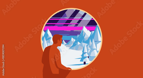 Man gazes out circular window at a vibrant, stylized arctic landscape with snow-capped mountains and aurora borealis.
