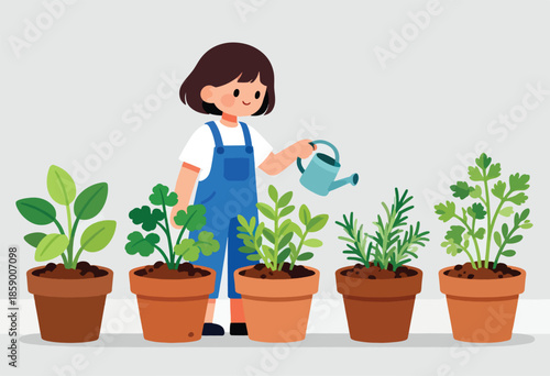 A child waters potted plants