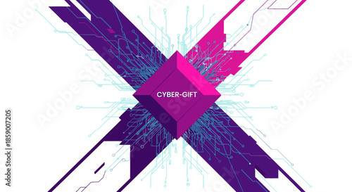 Abstract digital art features a glowing purple cube with the words CYBER-GIFT, surrounded by electric blue circuit lines and purple geometric shapes.